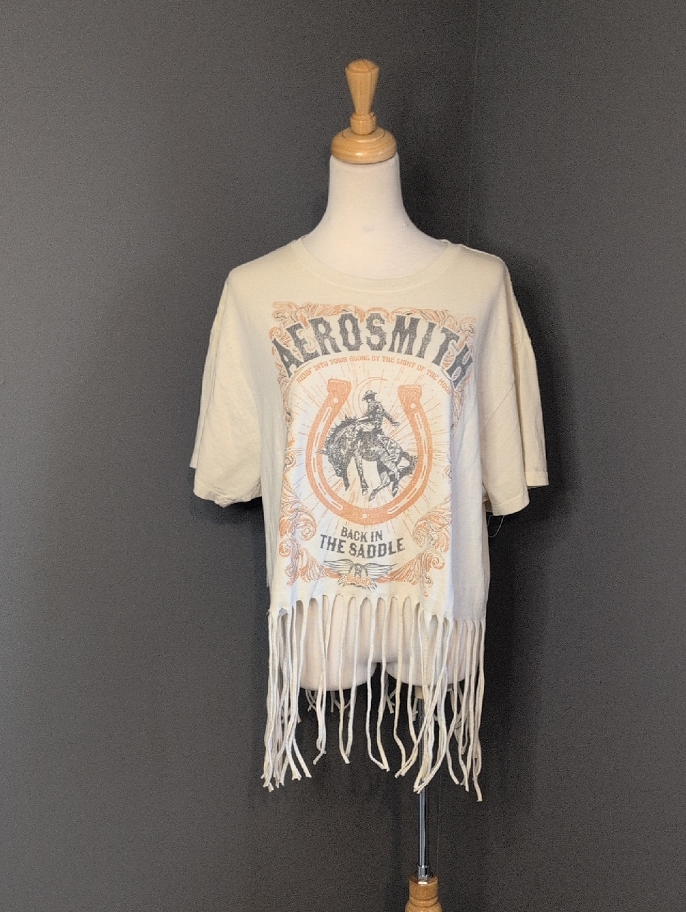 NWT Aerosmith 'Back in the Saddle' Fringe Graphic Tee - Cream